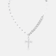 Punk Diamond Pearl Chain Stainless Steel Cross Necklace