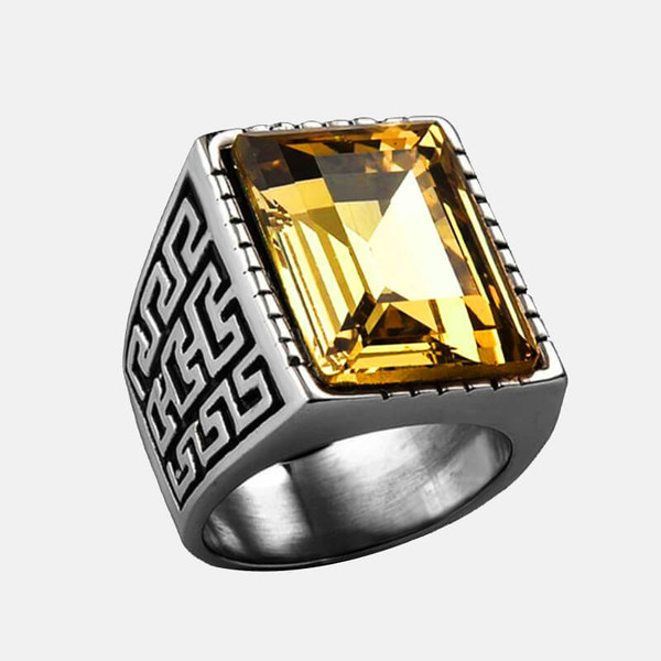Chinese Great Wall Pattern Stainless Steel Men's Gemstone