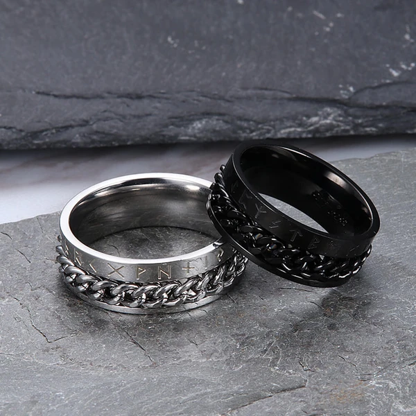 Viking Runes Chain Stainless Steel Spinner Ring, Black / 13