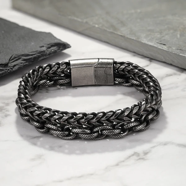 Mens Bracelet CUBAN BLACK Leather and Stainless Steel Curb Link | Tribal  Hollywood