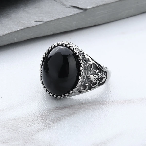 925 Sterling Silver Men's Ring Black Natural Agate Stone Signet Ring H –  TrendycollectionB