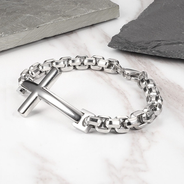 Mens stainless steel cross on sale bracelet