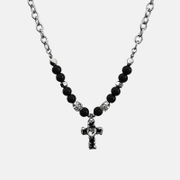 Collana con croce in acciaio inossidabile con perline nere