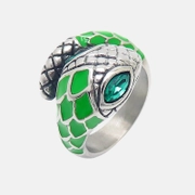 Anel de aço inoxidável de vidro com olhos verdes em formato de cobra