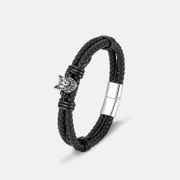 Pulsera de cuero trenzado de acero inoxidable con cabeza de lobo