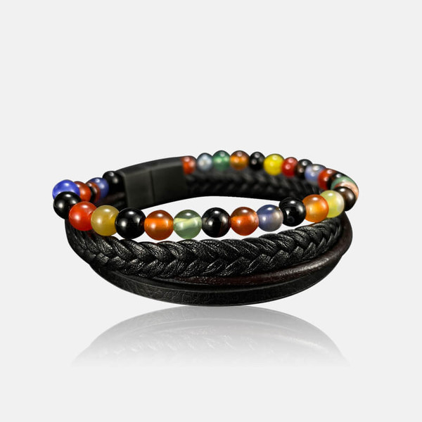 Multi-Layered Braided Agate Stainless Steel Leather Bracelet