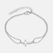 Bracelet croix en acier inoxydable à double chaîne de perles