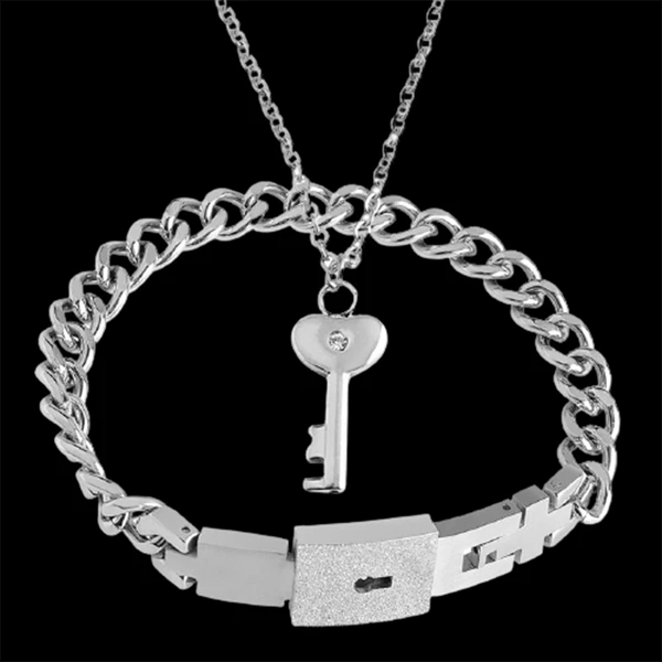 Lock Bracelet and Key Necklace Set for Couples Jewelry - Stainless Steel  Heart Bangle for Men and Women 