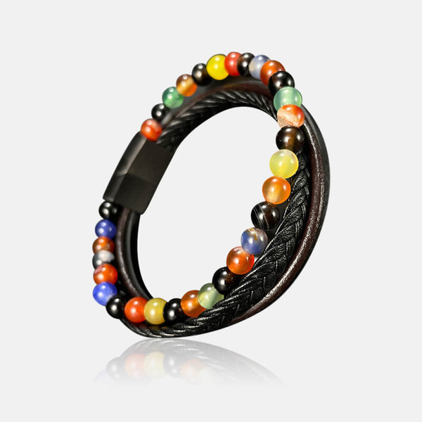 ●DOFFJASON● Agate Stone Layered Bracelet DJ23SSEBR001SLV Multi-Layered Braided Agate Stainless Steel Leather Bracelet