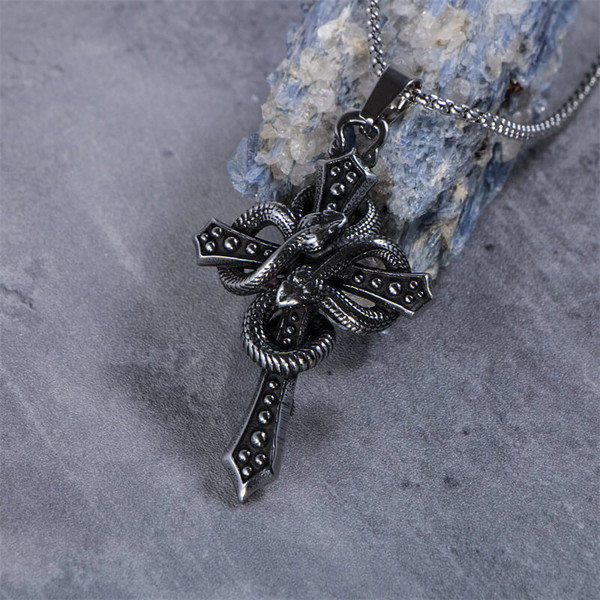 Vintage Double Snake Wrapped Stainless Steel Cross Pendant - Rock