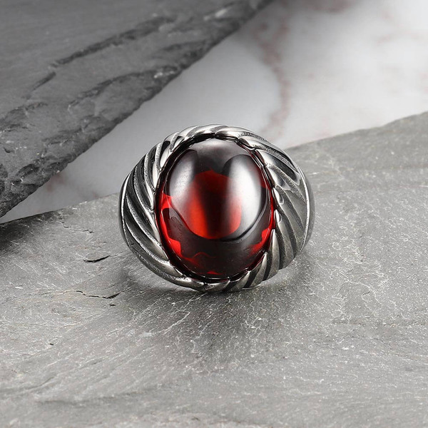 Bague vintage en acier inoxydable Onyx rouge et noir Rock Spark